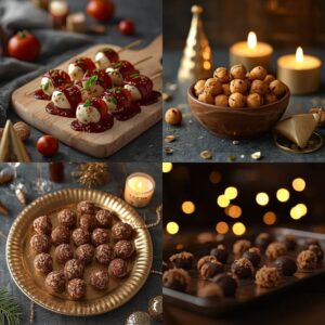 Auf dem Bild siehst du eine festliche Collage aus vier Silvester-Snacks: Tomaten-Mozzarella-Spieße, geröstete Kichererbsen, Schoko-Kugeln auf einem goldenen Teller und knusprige Schoko-Crunch-Häufchen auf dem Backblech. Die warmen Lichter und Kerzen erzeugen eine elegante Silvesterstimmung.
