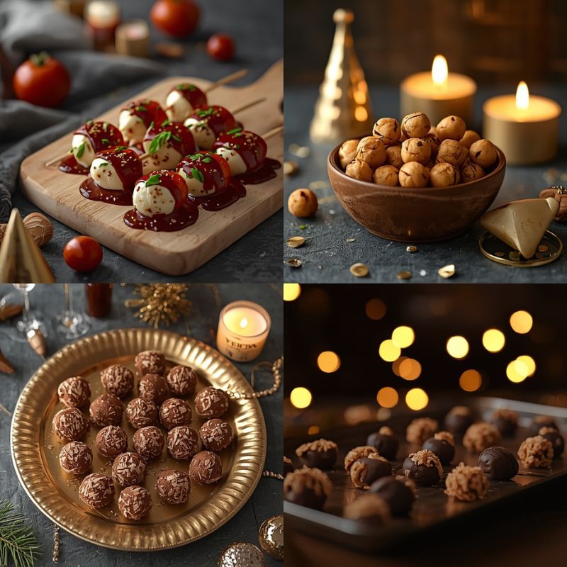 Auf dem Bild siehst du eine festliche Collage aus vier Silvester-Snacks: Tomaten-Mozzarella-Spieße, geröstete Kichererbsen, Schoko-Kugeln auf einem goldenen Teller und knusprige Schoko-Crunch-Häufchen auf dem Backblech. Die warmen Lichter und Kerzen erzeugen eine elegante Silvesterstimmung.