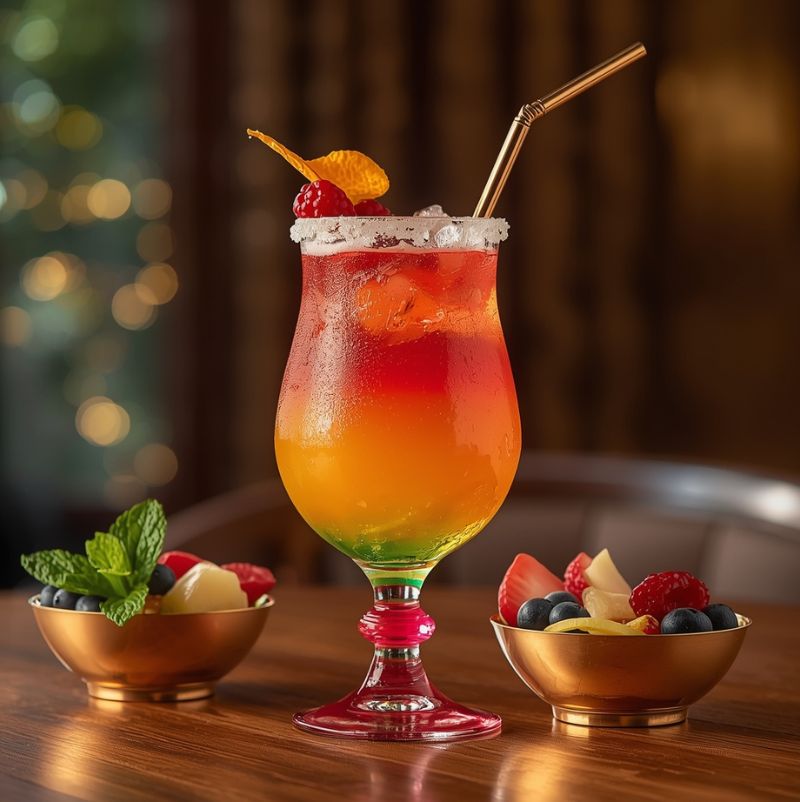 Fotorealistischer bunter Mocktail im Glas mit farbigem Fuß, dekoriert mit Zuckerrand, Orangenzeste, Himbeeren und goldenem Trinkhalm. Daneben stehen zwei goldene Schälchen mit Beeren, Obst und Minze auf einem Holztisch vor warmem Bokeh-Hintergrund.