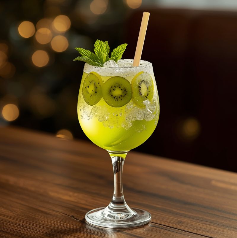 Ein fotorealistischer Kiwi-Fizz-Mocktail in einem bauchigen Cocktailglas mit Zuckerrand, Crushed Ice, Kiwi-Scheiben, Minze und hellem Strohhalm, auf einem Holztisch vor warmem Bokeh-Hintergrund.