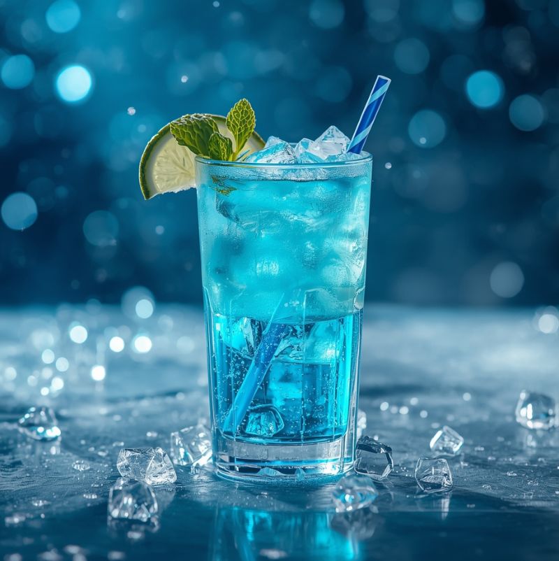 Ein blauer Blue-Lagoon-Mocktail in einem hohen Glas mit Eiswürfeln, Limettenscheibe, Minze und blau-weiß gestreiftem Strohhalm. Im Hintergrund glitzernde blaue Bokeh-Lichter für eine kühle, festliche Stimmung.