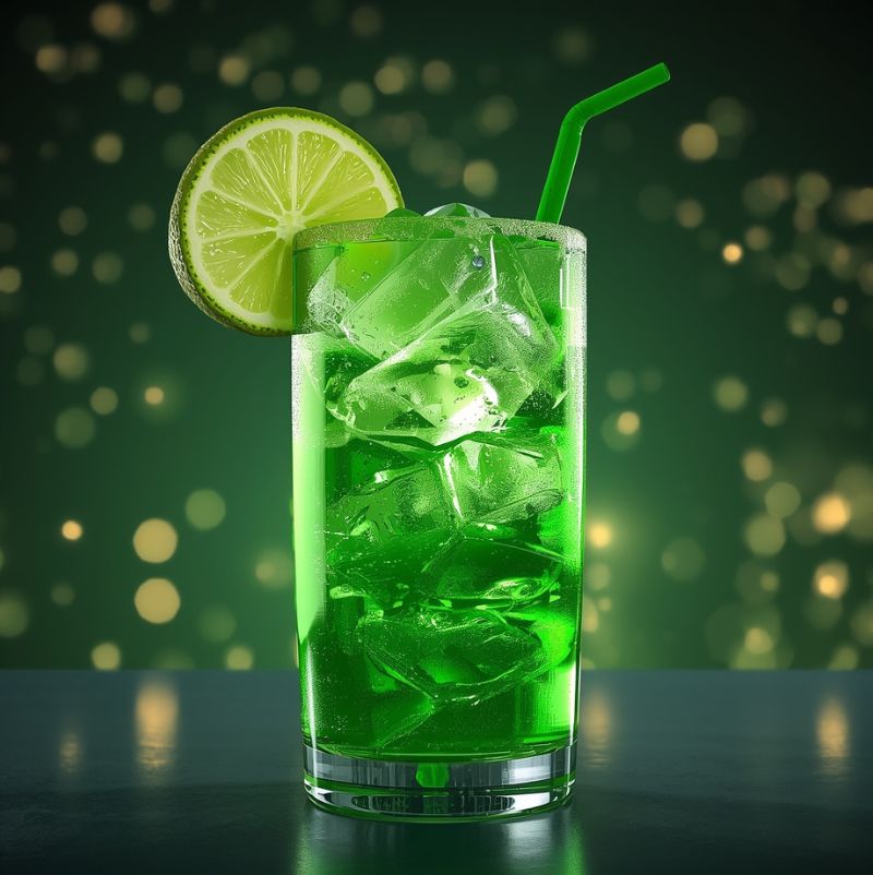 Ein leuchtend grüner Mocktail „Grüne Wiese“ in einem hohen Glas mit Eiswürfeln, garniert mit einer Limettenscheibe und einem grünen Trinkhalm. Im Hintergrund weiches, goldenes Bokeh-Licht für eine festliche Stimmung.
