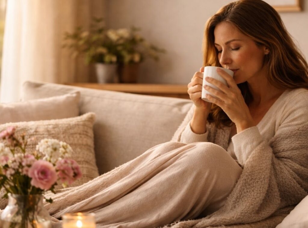 Frau sitzt eingekuschelt auf einem Sofa mit einer Decke, hält eine Tasse Tee an die Lippen und genießt einen ruhigen Moment im warmen Licht.