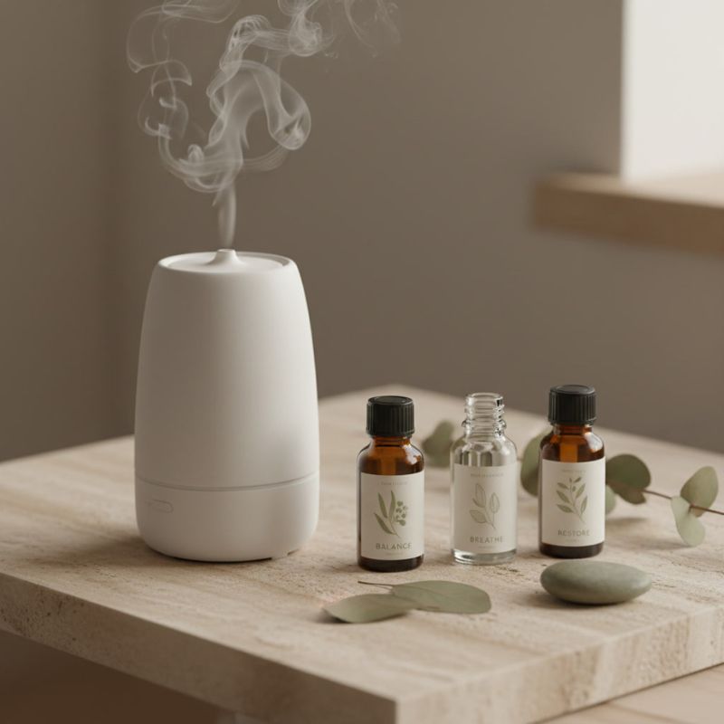 Diffuser mit leicht aufsteigendem Dampf und drei kleine Ölfläschchen auf einem hellen Holztisch in ruhiger, natürlicher Umgebung.
