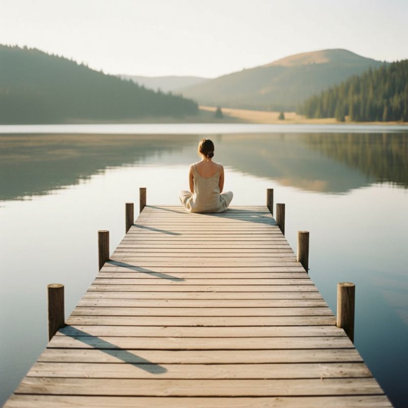Frau sitzt mit dem Rücken zur Kamera auf einem Holzsteg an einem ruhigen See und blickt in die Landschaft mit Bergen und Wald.