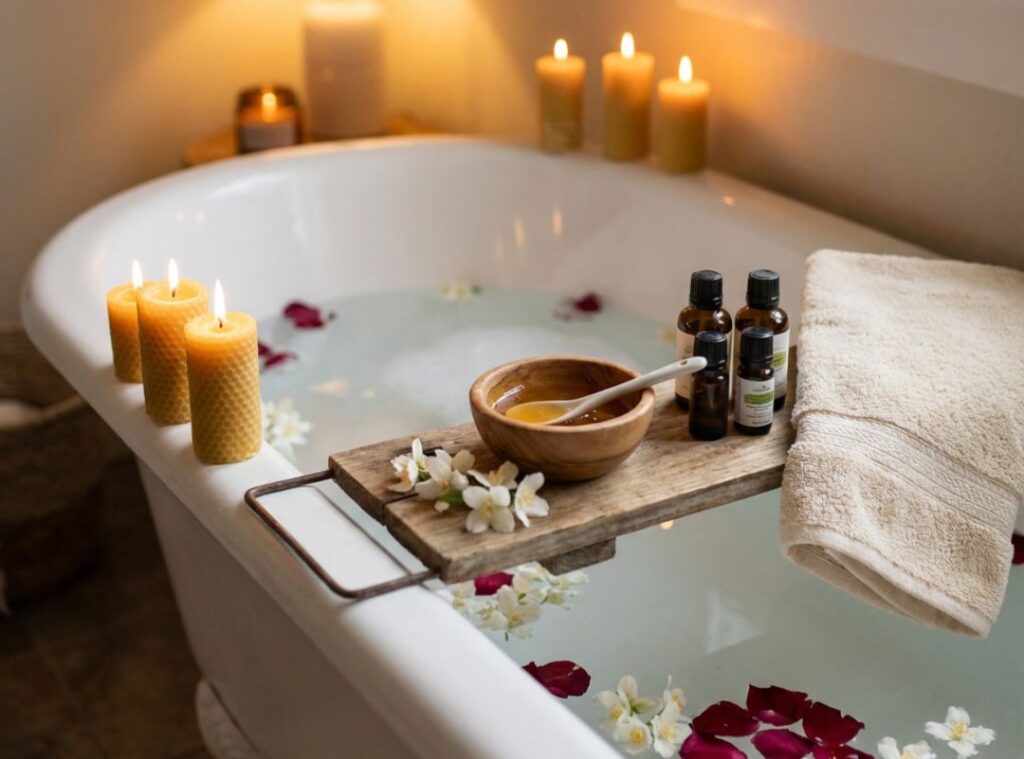 Badewanne mit Kerzenlicht, Blüten im Wasser, ätherischen Ölen und einer Schale zum Anmischen eines Duftbads in ruhiger Atmosphäre.