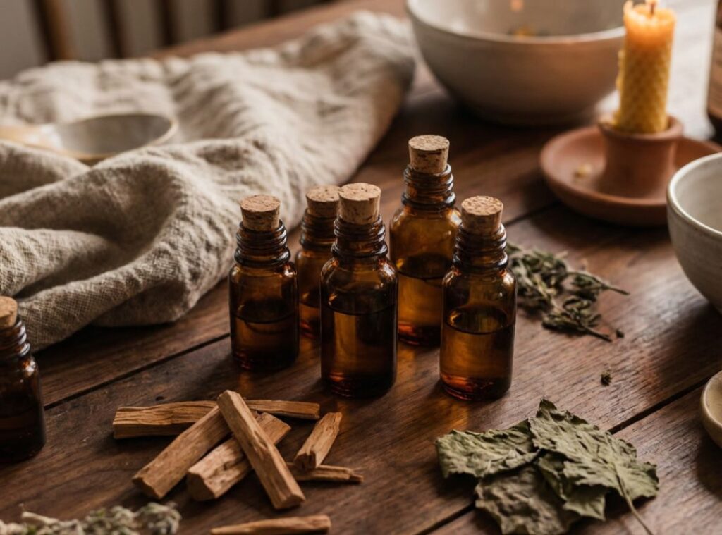 Kleine Glasfläschchen mit ätherischen Ölen auf Holztisch, umgeben von Kräutern, Holzstücken und Kerzenlicht.