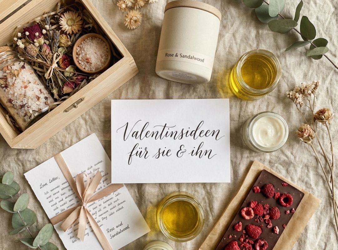 Flatlay mit Valentinsgeschenkideen auf Leinenstoff: Wellness-Box mit Kräutern, Duftkerze, Naturkosmetik, Liebesbrief und Schokolade, dazu ein handschriftlicher Zettel mit „Valentinsideen für sie & ihn“.