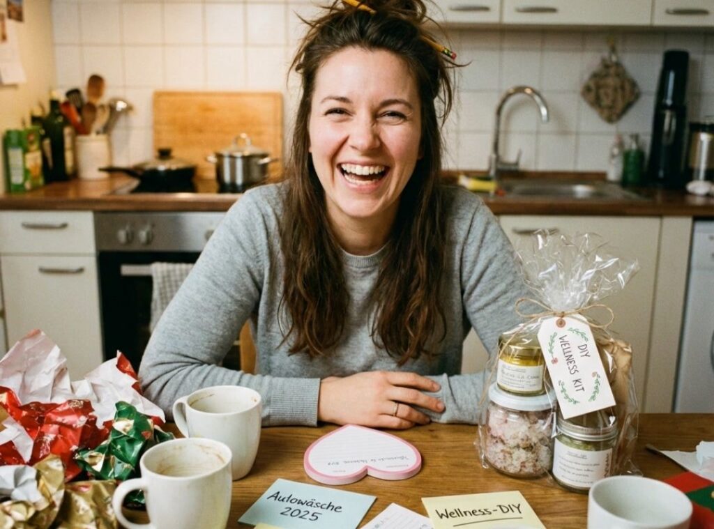 Lachende Frau am Küchentisch mit DIY-Wellness-Geschenk, Geschenkpapier, leeren Kaffeetassen und Zetteln wie „Autowäsche 2025“ und „Wellness-DIY“ – humorvoller Valentinstagsmoment.