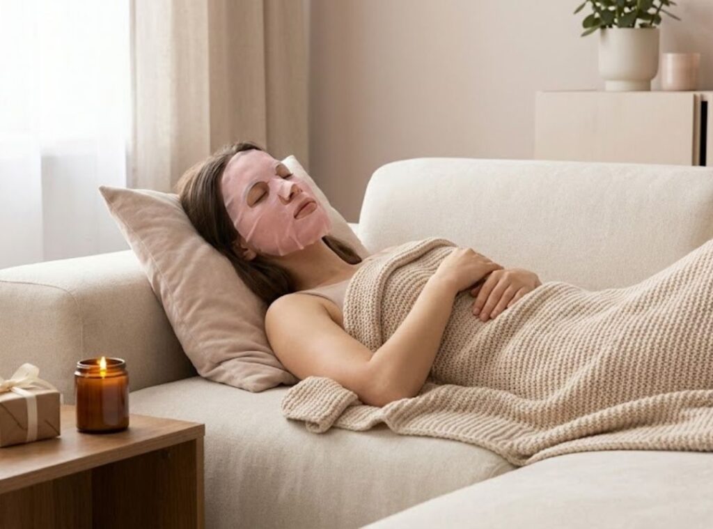 Frau mit rosa Tuchmaske liegt entspannt auf dem Sofa, eingekuschelt in eine beige Decke, neben ihr brennt eine Duftkerze und ein kleines Valentinsgeschenk liegt auf dem Tisch.