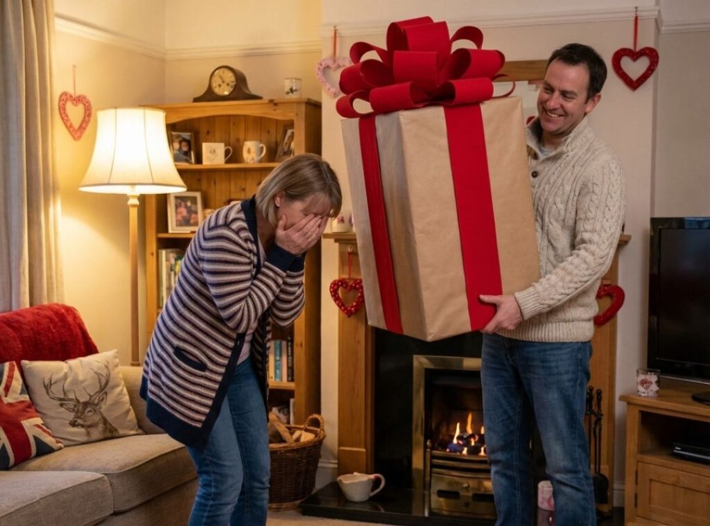 Ein Mann überreicht in einem gemütlichen Wohnzimmer ein überdimensional großes Geschenk mit roter Schleife, während die Frau sich lachend die Hände vors Gesicht hält.