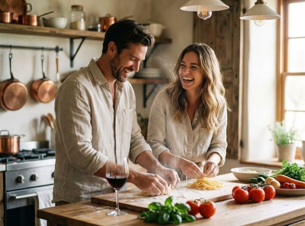 Paar lacht beim gemeinsamen Kochen in einer gemütlichen Küche, sie kneten frischen Pastateig, auf dem Tisch liegen Gemüse, Basilikum und ein Glas Rotwein.