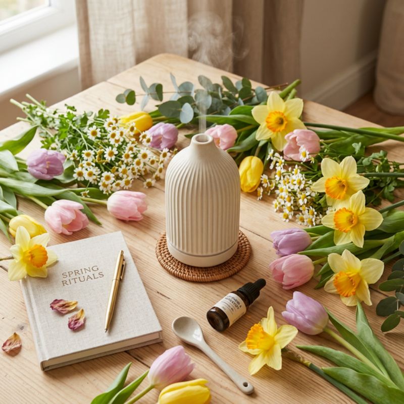 Ein eleganter Keramik-Diffuser steht auf einem hellen Holztisch, umgeben von pastellfarbenen Frühlingsblumen wie Tulpen, im sanften morgendlichen Sonnenlicht.